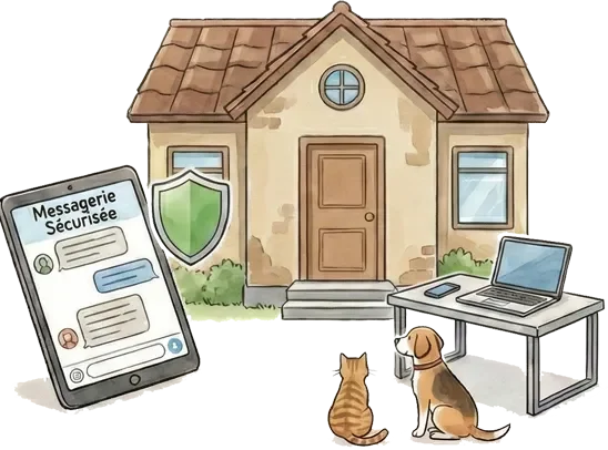 Plateforme moderne de garde de maison avec messagerie sécurisée et garanties pour propriétaires.