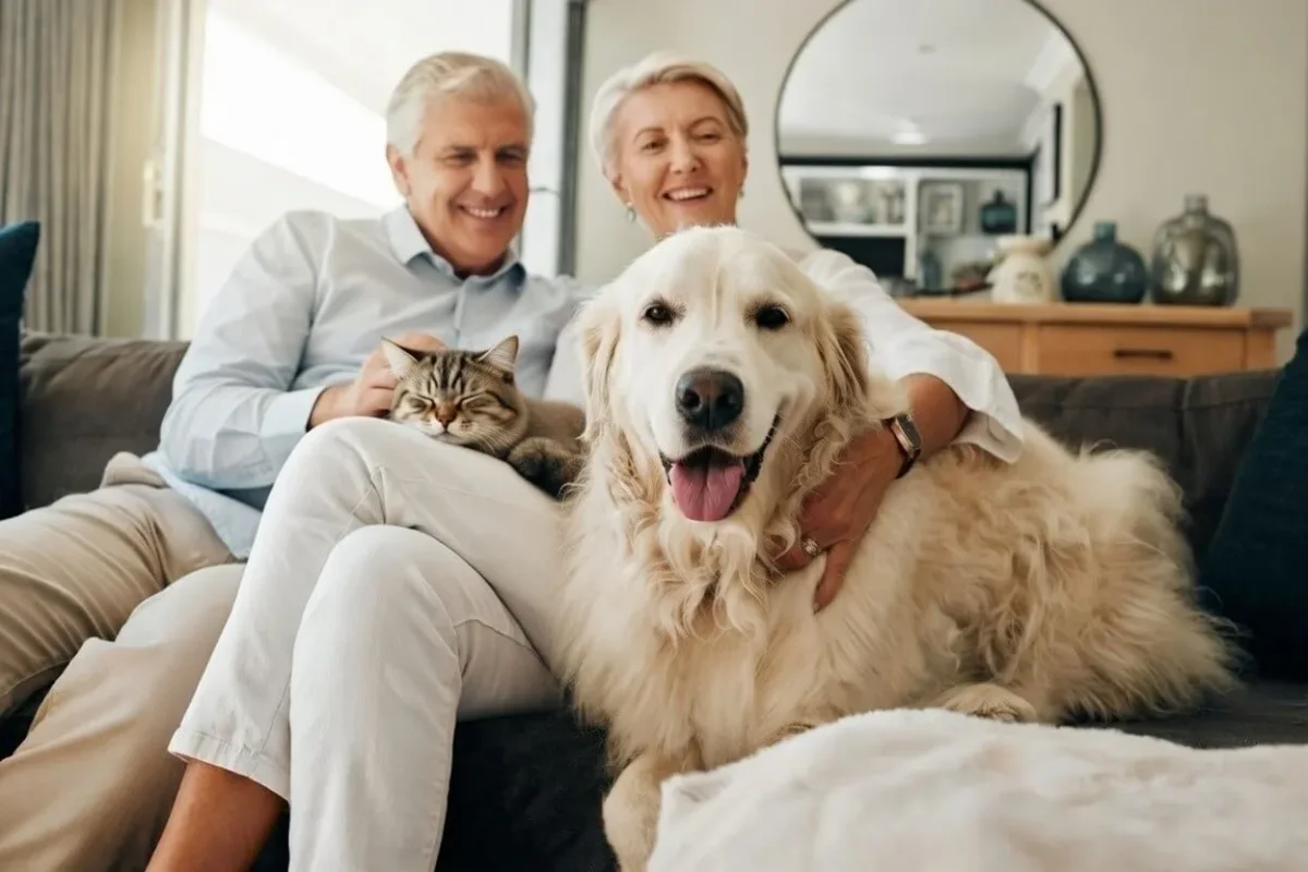Couple de propriétaires sereins avec leur chien avant de partir en vacances en toute tranquillité.