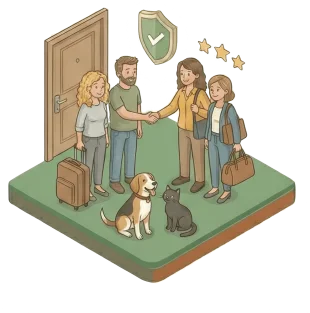 Propriétaires partant en vacances en toute sérénité avec leur garde d'animaux à domicile assurée.