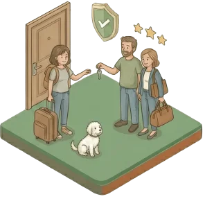 Homesitter démarrant son séjour de garde dans une maison avec des animaux.