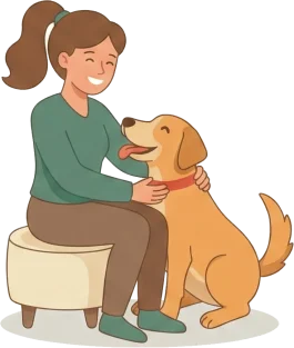 Propriétaire heureuse avec son chien après une garde à domicile réussie